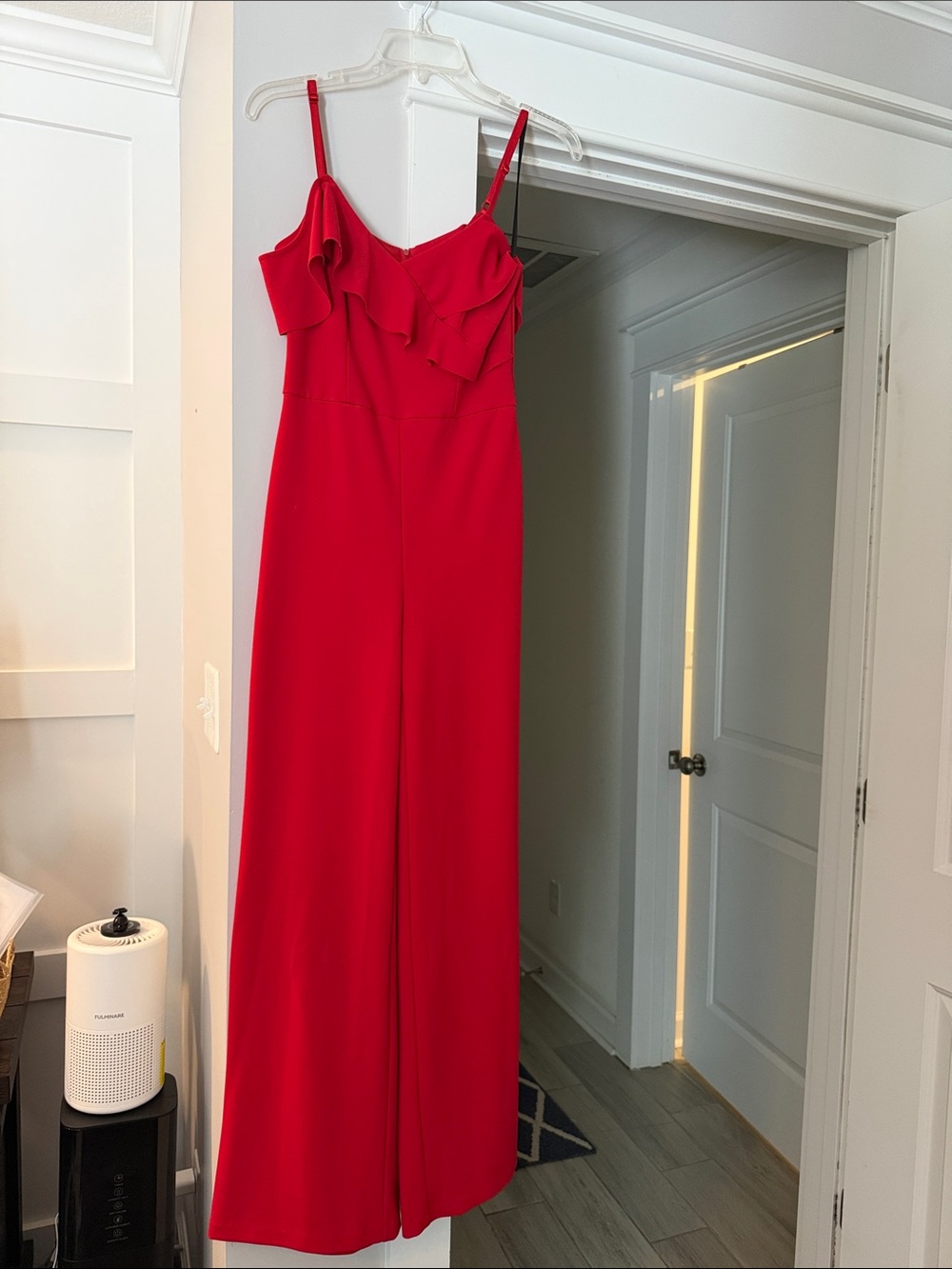 Red Ruffle-Trim Wide-Leg Jumpsuit